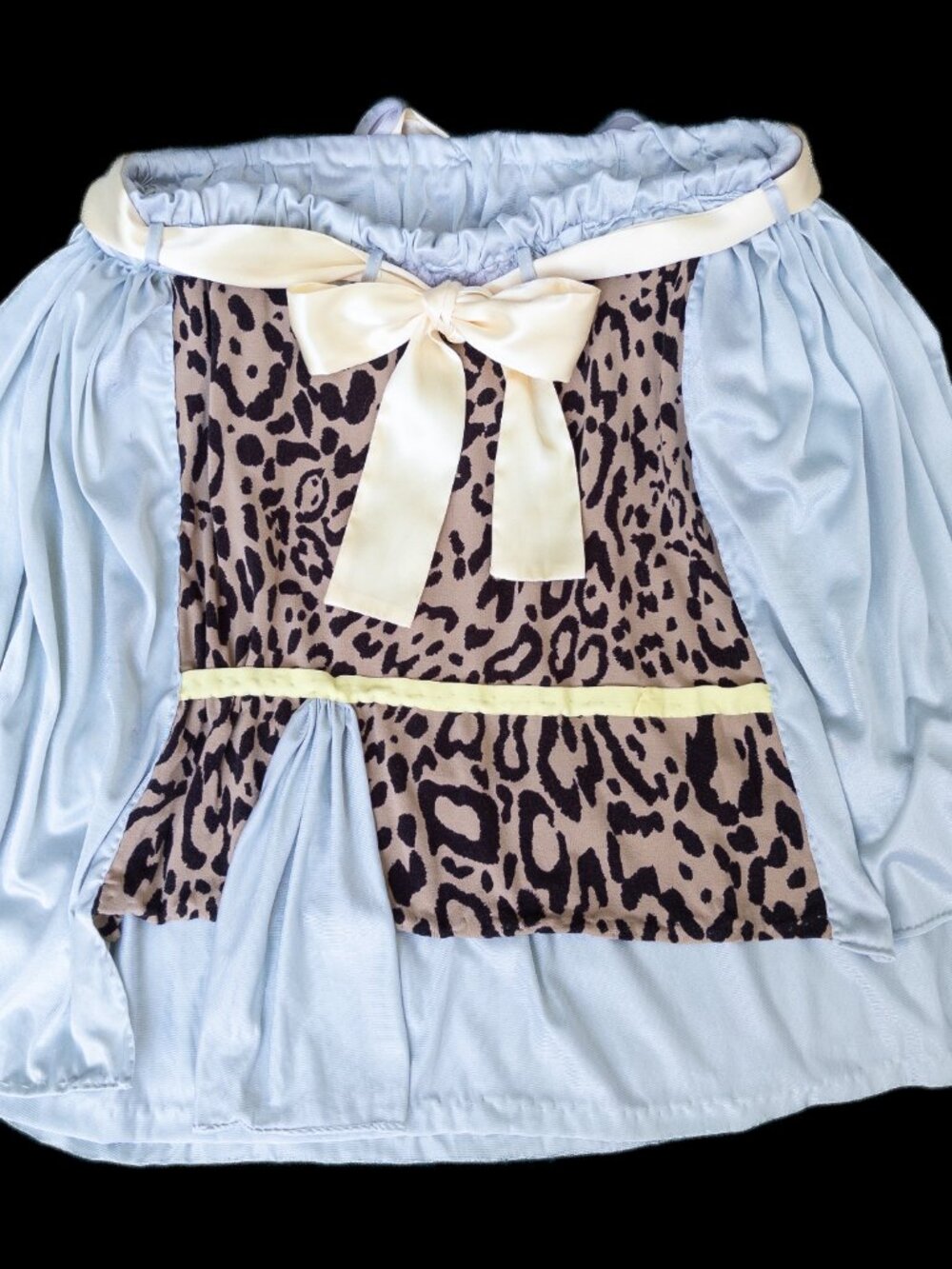 Handmade Upclycled Light Blue and Leopard Print Midi Skirt With Faux Thong